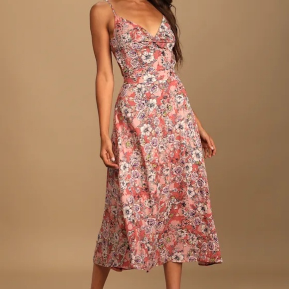 Lulus Ties With You Rose Pink Floral Print Tie-back Midi Dress - Size M - Picture 1 of 3
